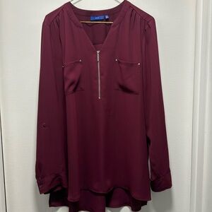 Maroon, polyester, long sleeve blouse. XL